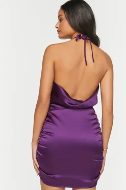 Satin Ruched Halter Mini Dress