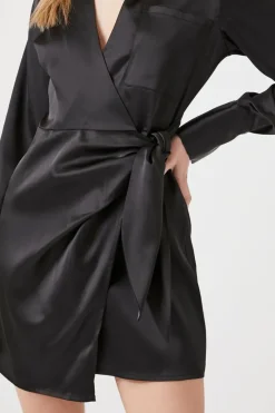 Satin Surplice Wraparound Mini Dress