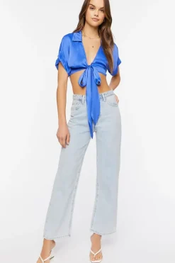 Satin Tie-Front Crop Top