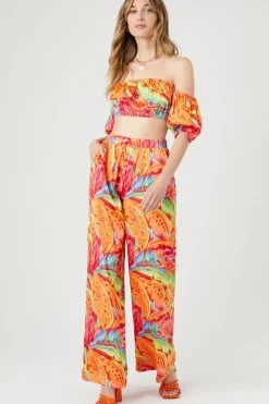 Satin Tropical Leaf Print Pants