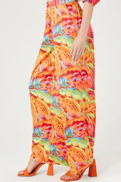 Satin Tropical Leaf Print Pants