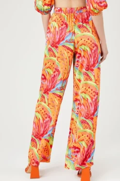 Satin Tropical Leaf Print Pants