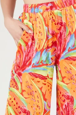 Satin Tropical Leaf Print Pants