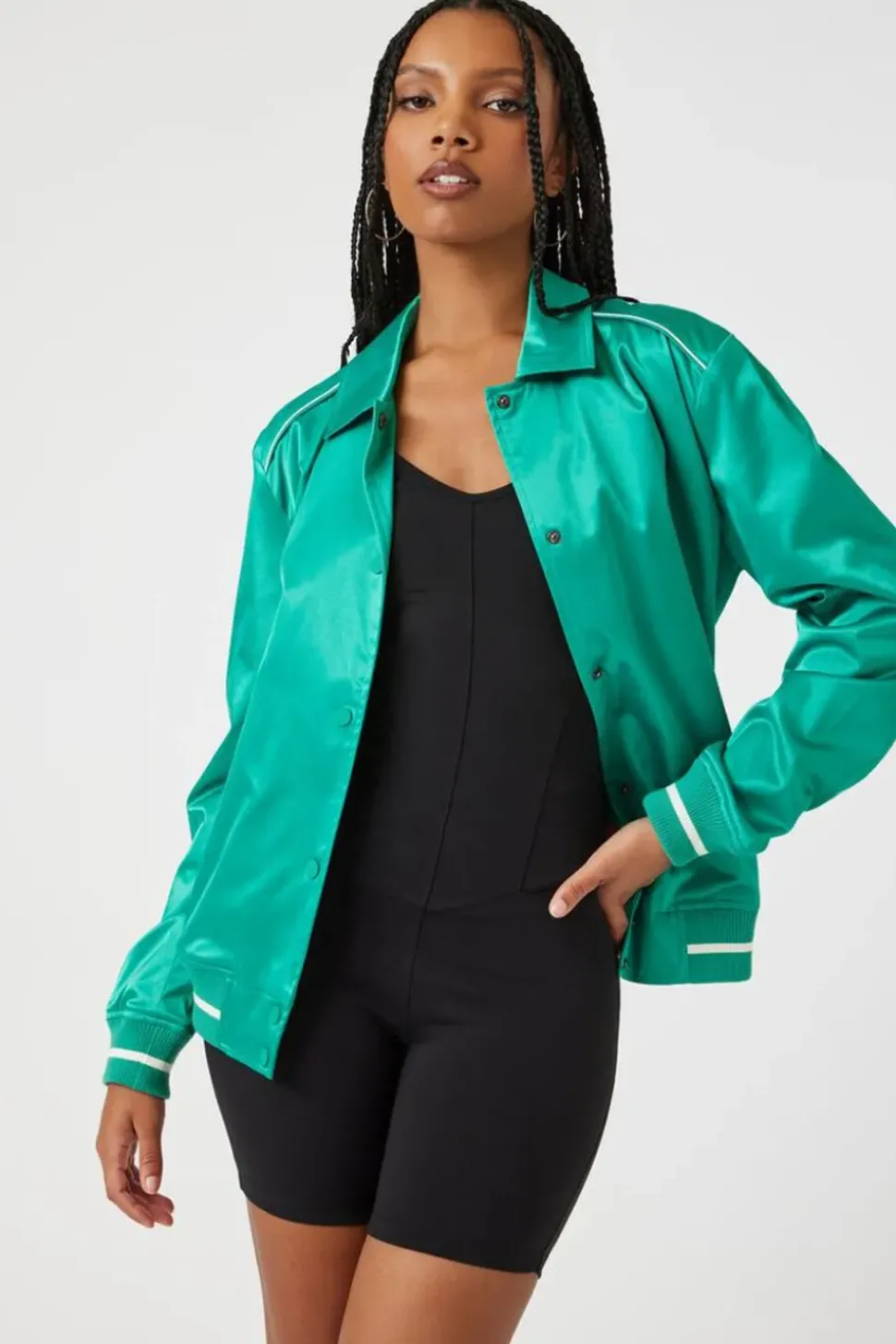 Satin Varsity-Striped Bomber Jacket