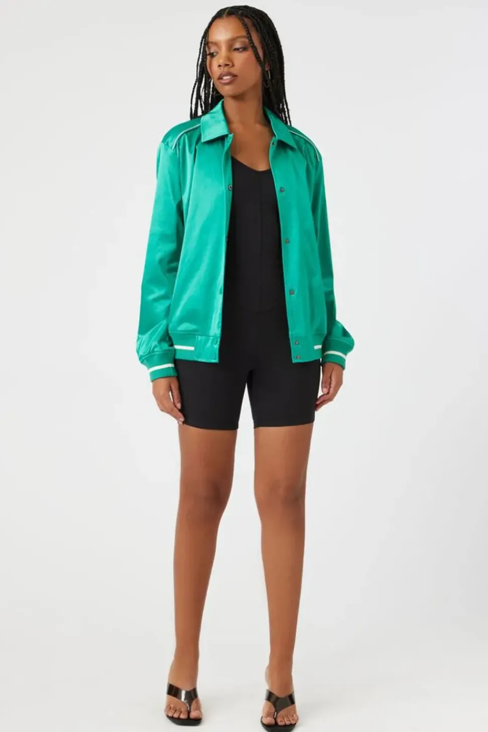 Satin Varsity-Striped Bomber Jacket