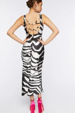 Satin Zebra Print Midi Dress