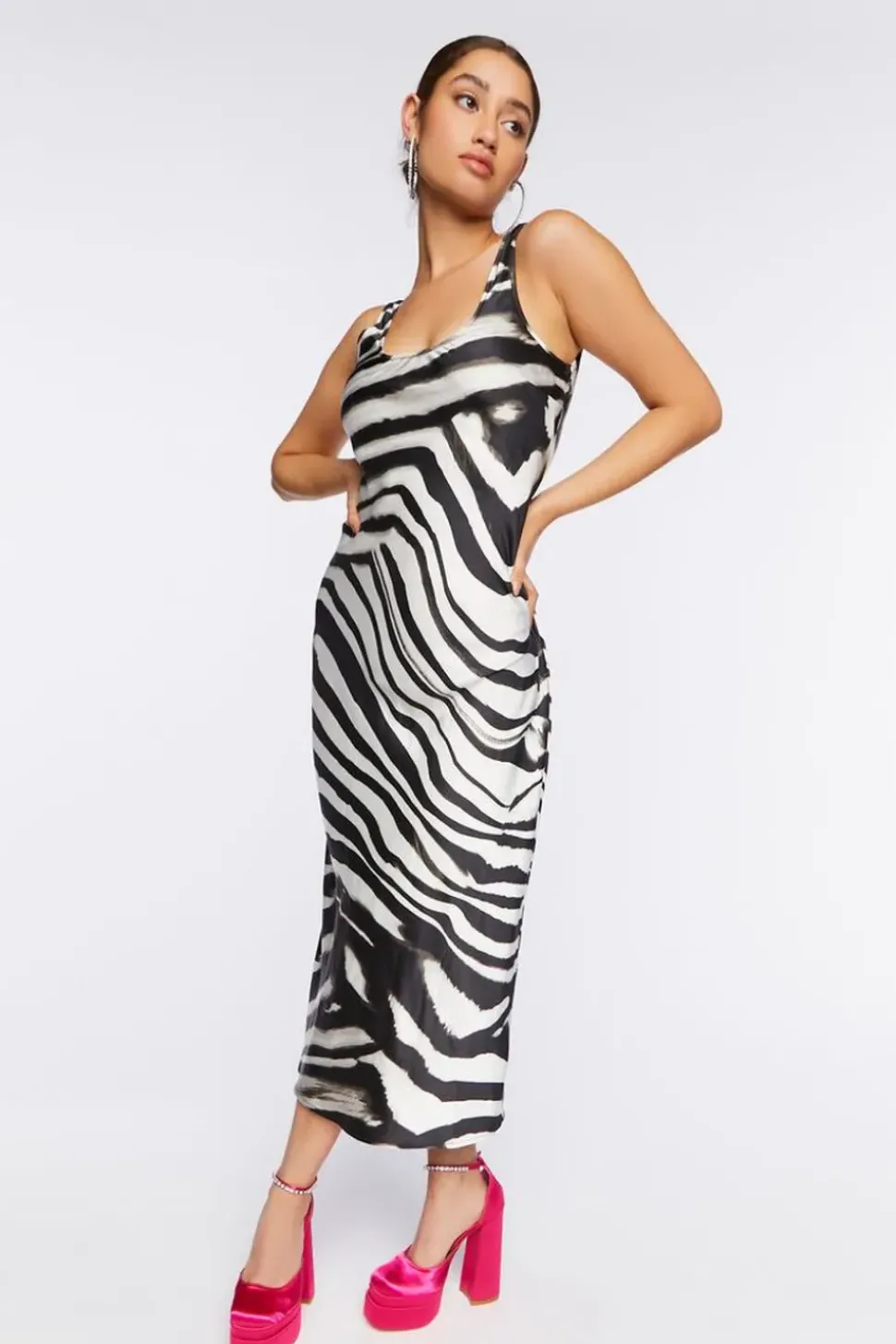 Satin Zebra Print Midi Dress