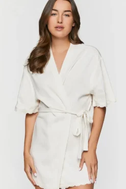 Scalloped-Trim Ribbed Lingerie Robe