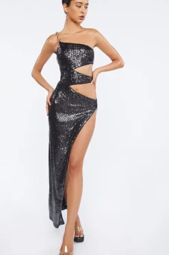 Sequin Cutout One-Shoulder Gown