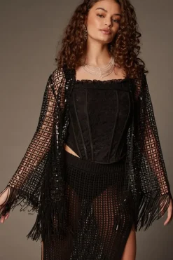Sequin Open-Knit Fringe Kimono