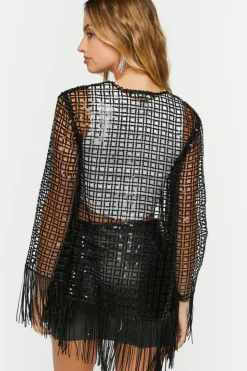Sequin Open-Knit Fringe Kimono