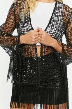 Sequin Open-Knit Fringe Kimono