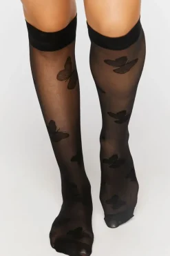 Sheer Butterfly Print Crew Socks