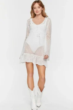 Sheer Crochet Bell-Sleeve Dress