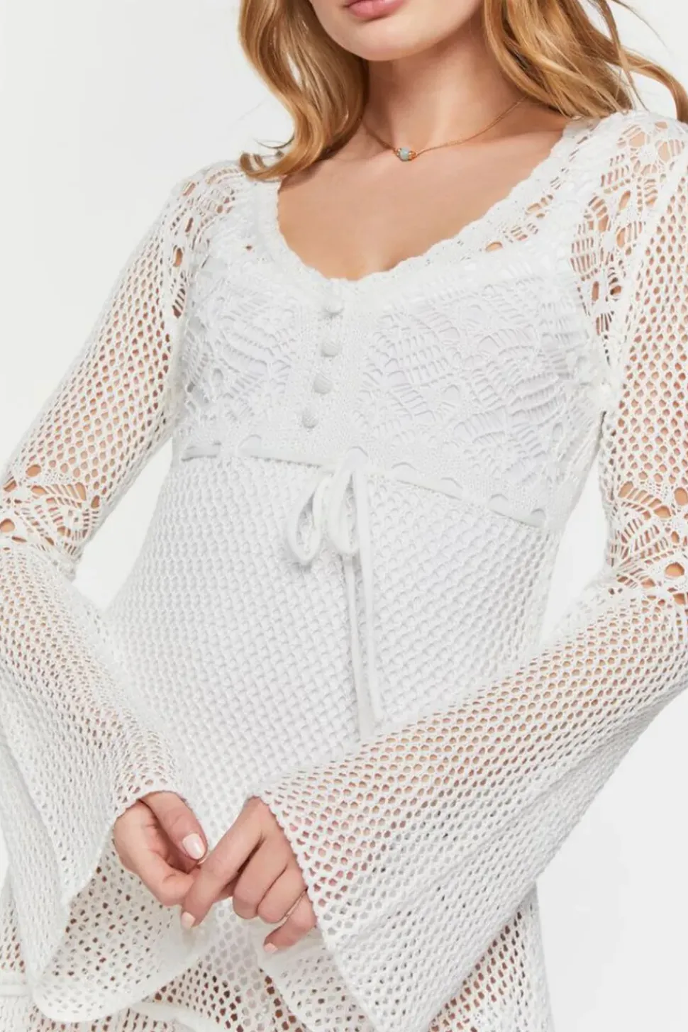 Sheer Crochet Bell-Sleeve Dress