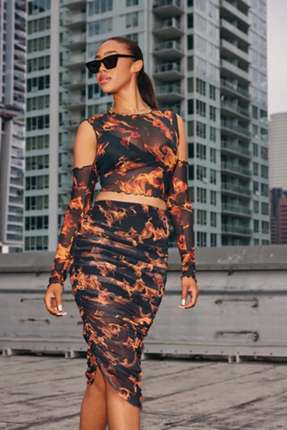 Sheer Flame Print Mesh Top