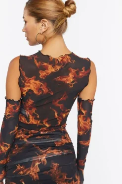 Sheer Flame Print Mesh Top