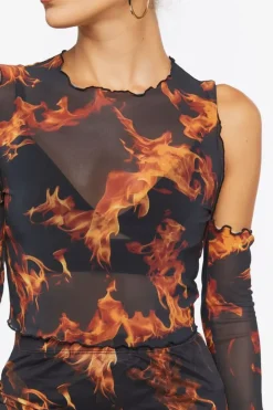 Sheer Flame Print Mesh Top