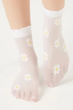 Sheer Floral Print Crew Socks