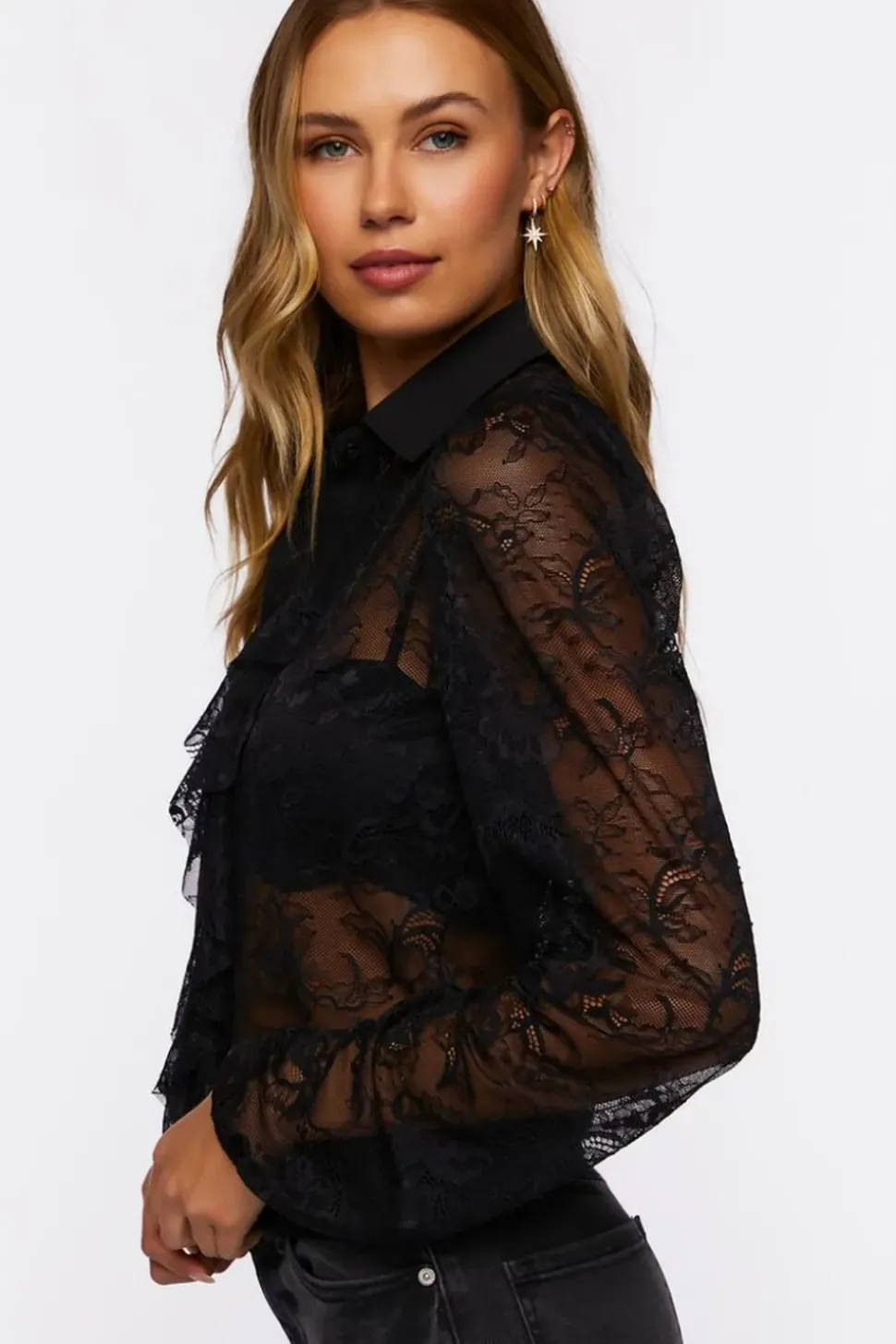 Sheer Lace Ruffle-Front Shirt
