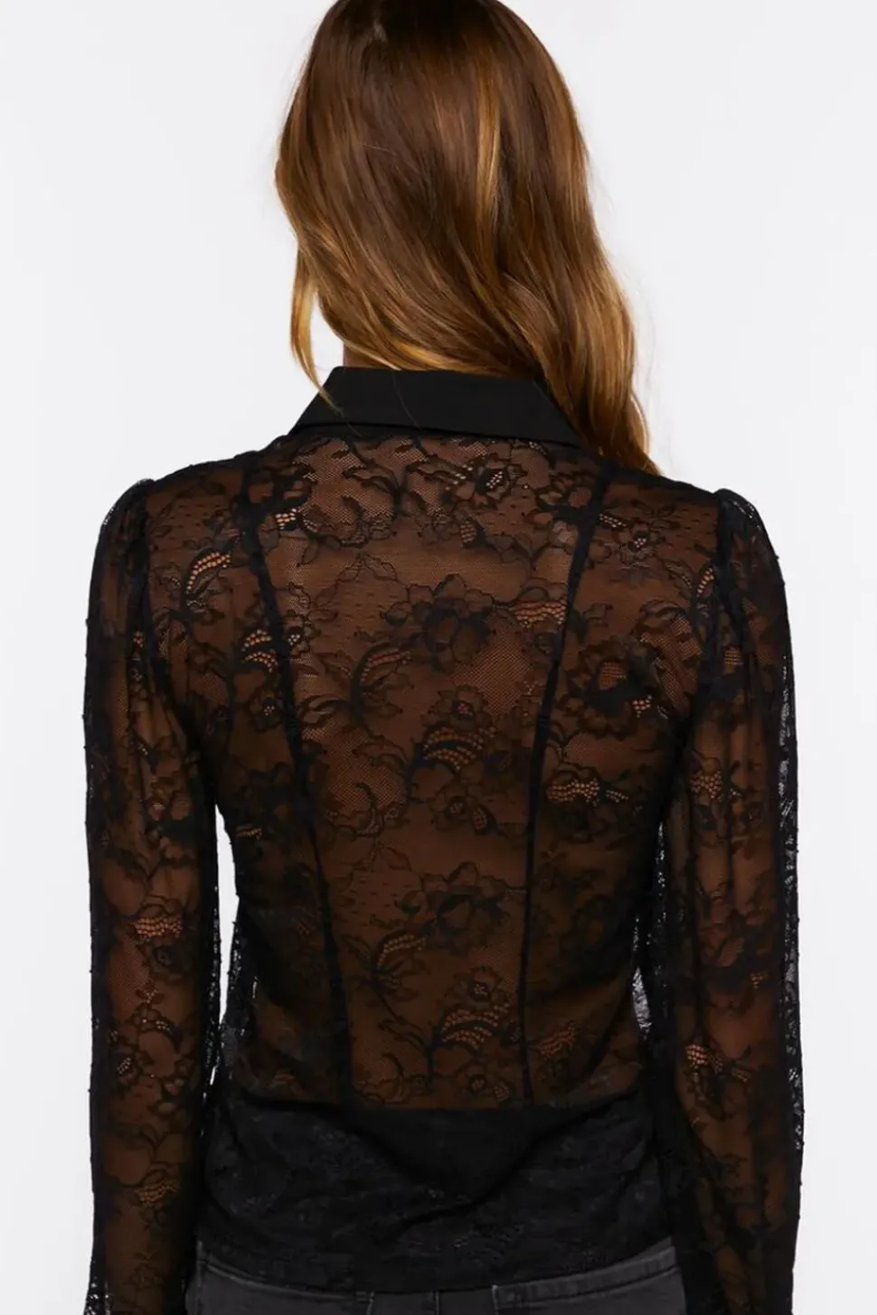 Sheer Lace Ruffle-Front Shirt
