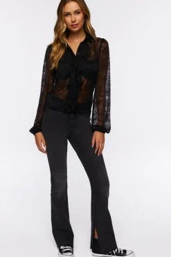 Sheer Lace Ruffle-Front Shirt