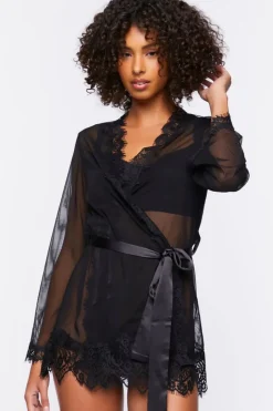 Sheer Lace-Trim Lingerie Robe