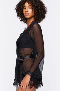 Sheer Lace-Trim Lingerie Robe