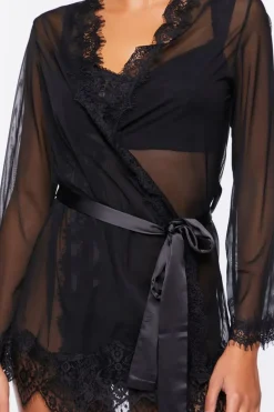 Sheer Lace-Trim Lingerie Robe