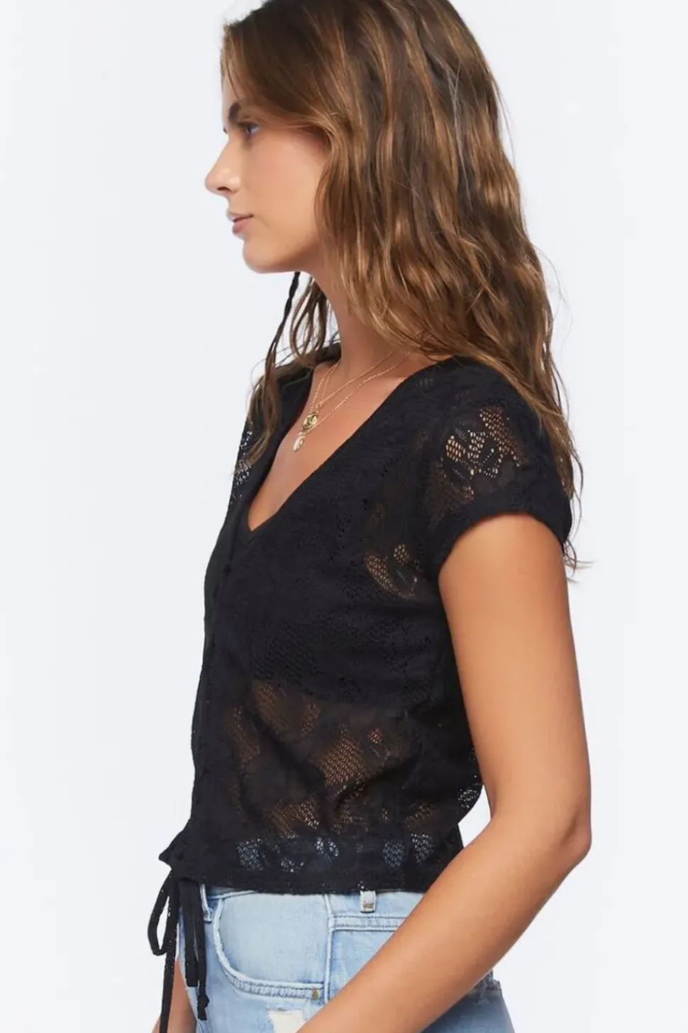 Sheer Netted Tie-Front Top