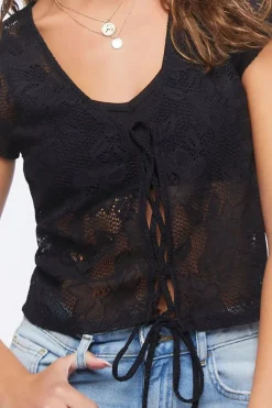 Sheer Netted Tie-Front Top