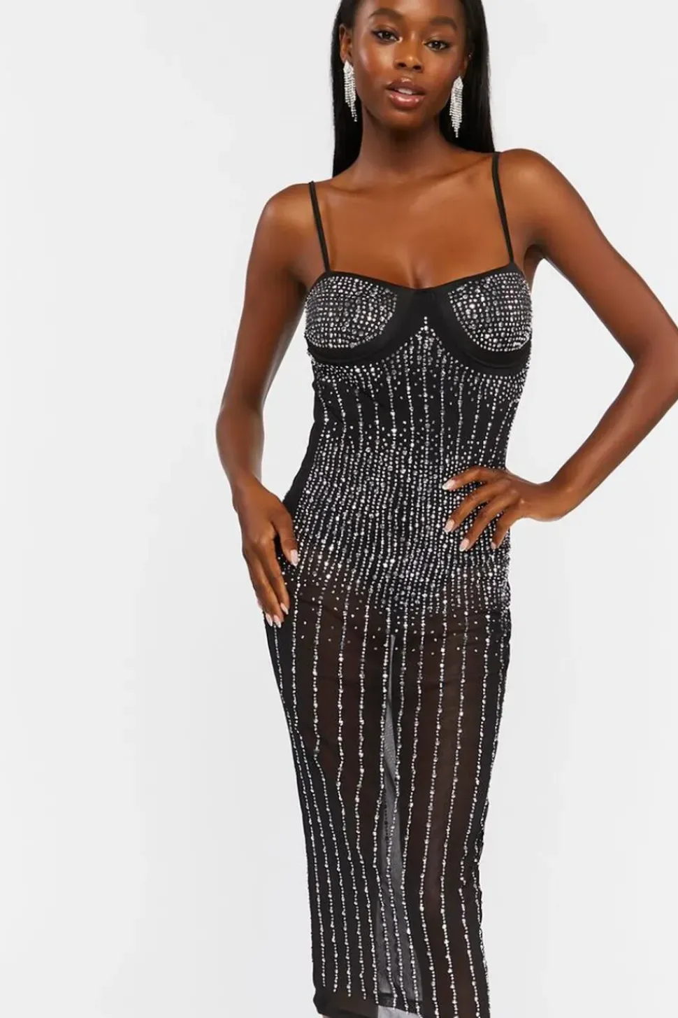 Sheer Rhinestone Midi Dress