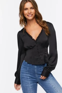 Shirred Lace-Trim Top