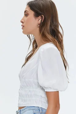 Shirred Puff-Sleeve Crop Top