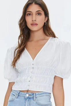 Shirred Puff-Sleeve Crop Top