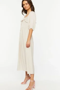 Shirred Puff-Sleeve Midi Dress