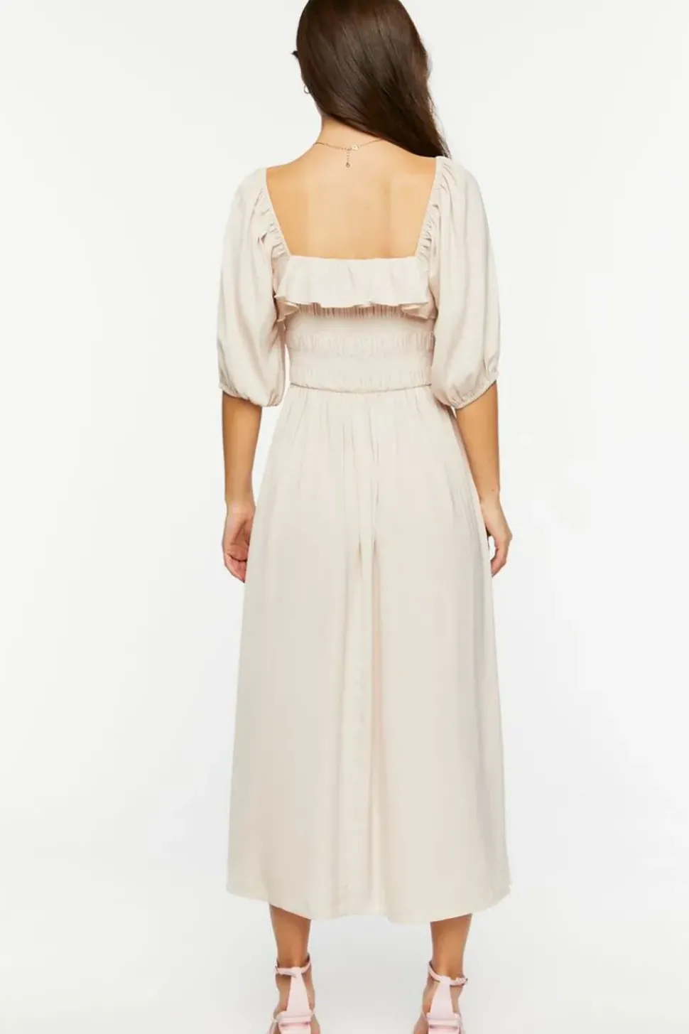 Shirred Puff-Sleeve Midi Dress