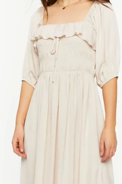 Shirred Puff-Sleeve Midi Dress