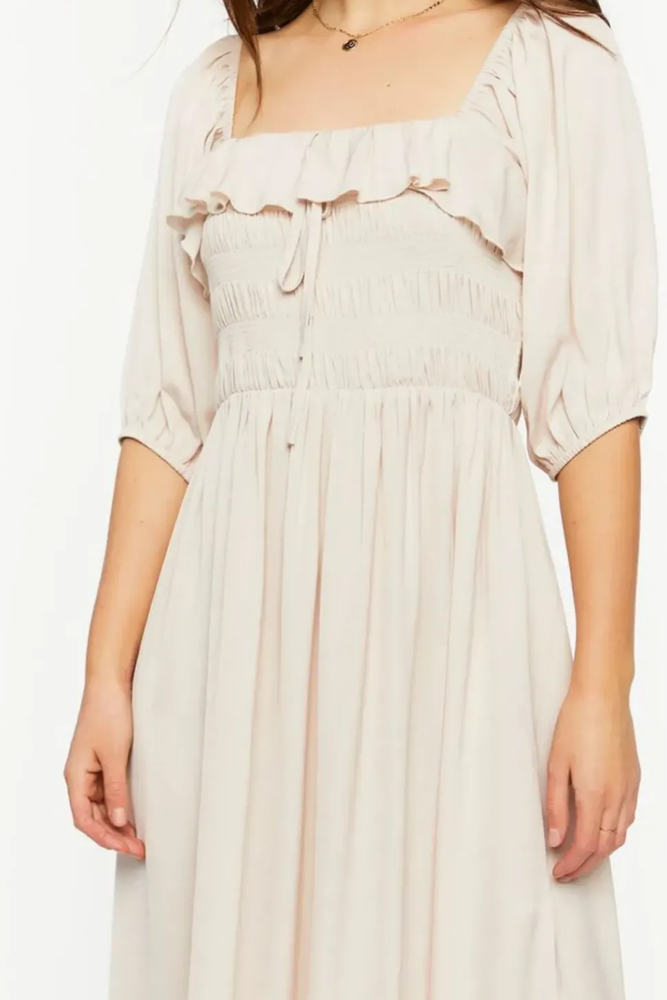 Shirred Puff-Sleeve Midi Dress