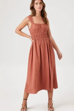 Shirred Square-Neck Midi Dress