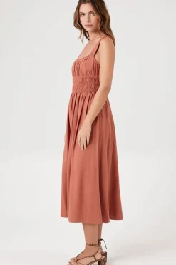 Shirred Square-Neck Midi Dress