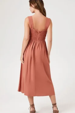 Shirred Square-Neck Midi Dress