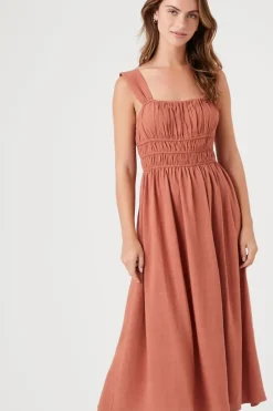 Shirred Square-Neck Midi Dress