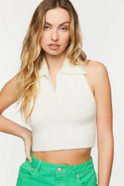 Sleeveless Halter Sweater-Knit Crop Top