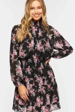 Smocked Floral Chiffon Mini Dress