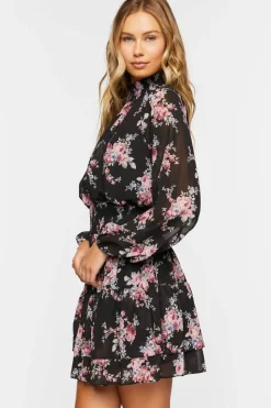 Smocked Floral Chiffon Mini Dress