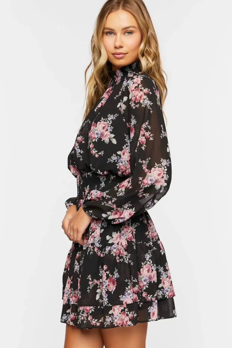 Smocked Floral Chiffon Mini Dress