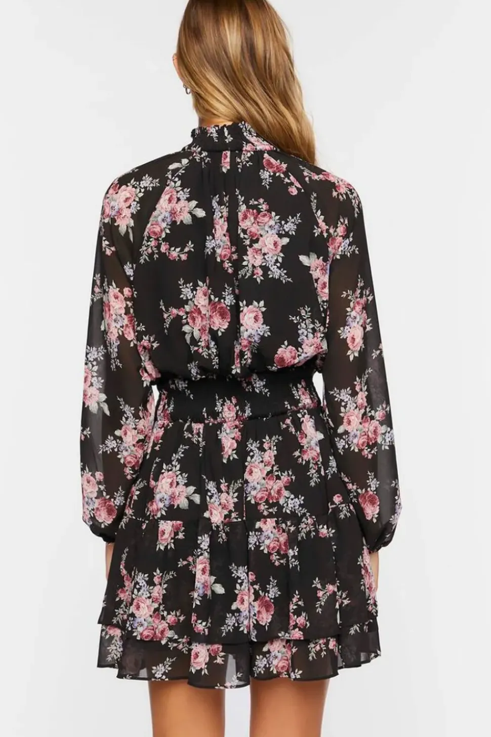 Smocked Floral Chiffon Mini Dress