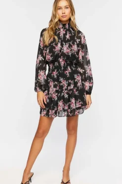 Smocked Floral Chiffon Mini Dress