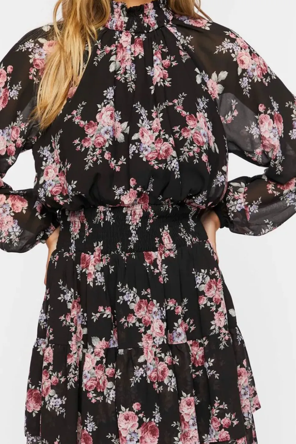 Smocked Floral Chiffon Mini Dress